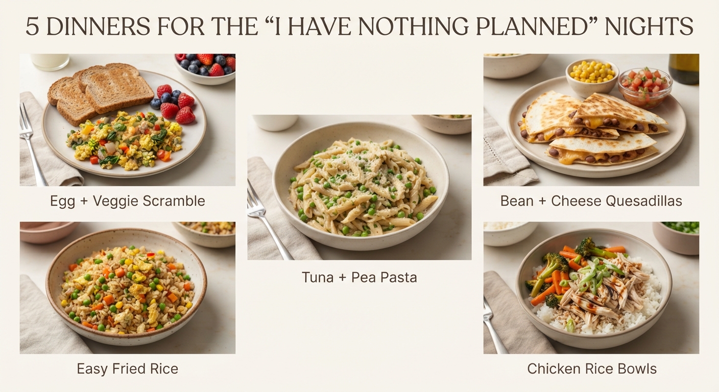 Infographic listing five easy school night dinners for the nights you have nothing planned