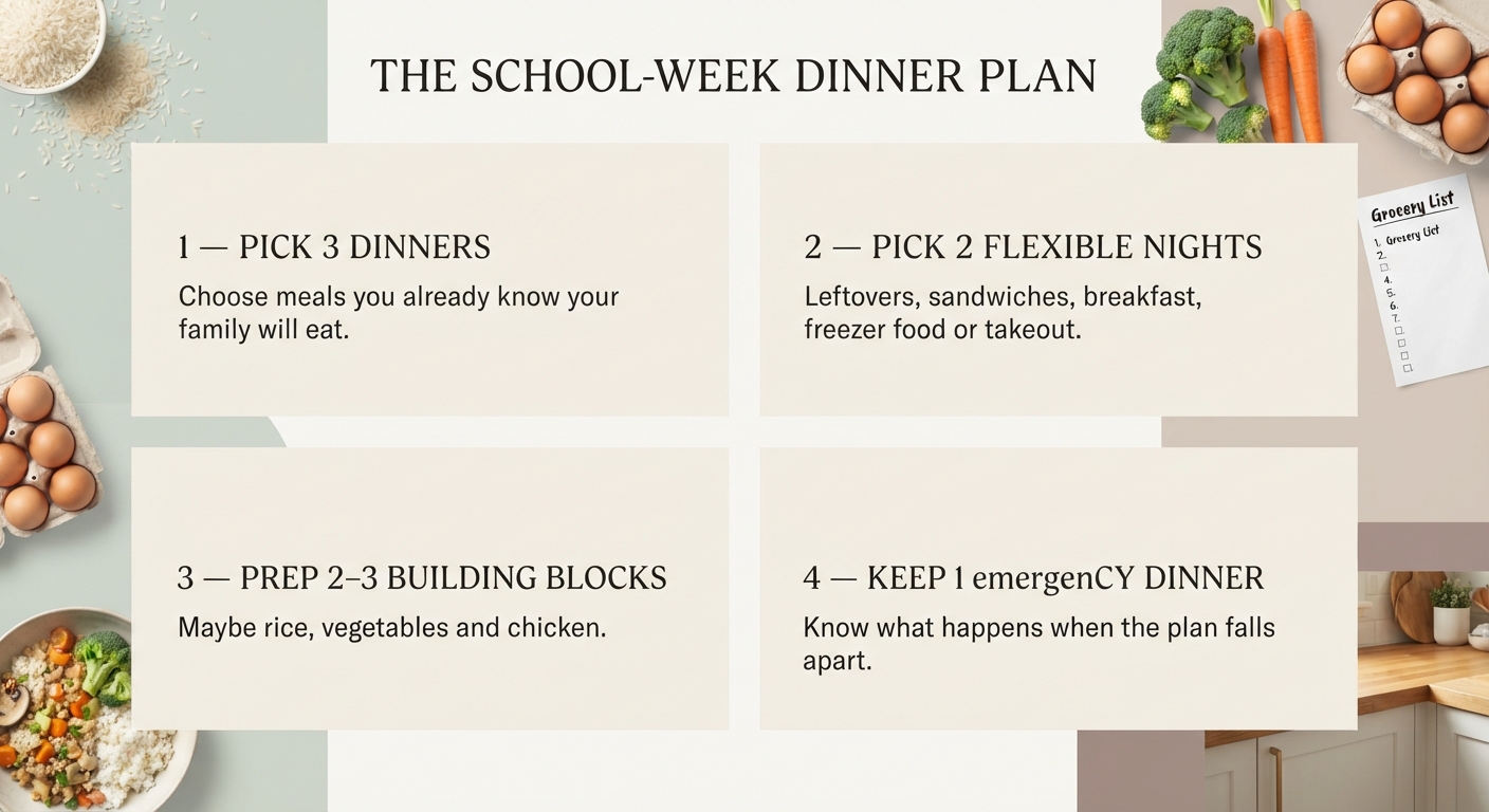 Infographic showing a simple school week dinner plan from Sunday through Friday