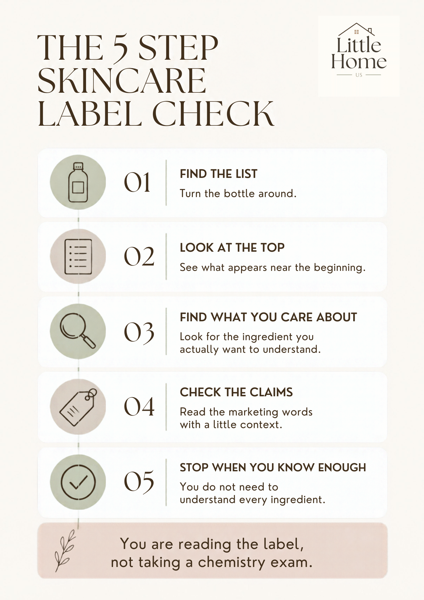 The 5 step skincare label check: find the list, look at the top, find what you care about, check the claims, stop when you know enough