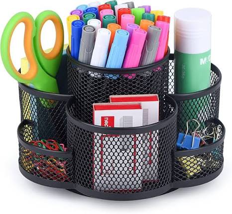 mesh desktop organizer holding pens, scissors and school supplies
