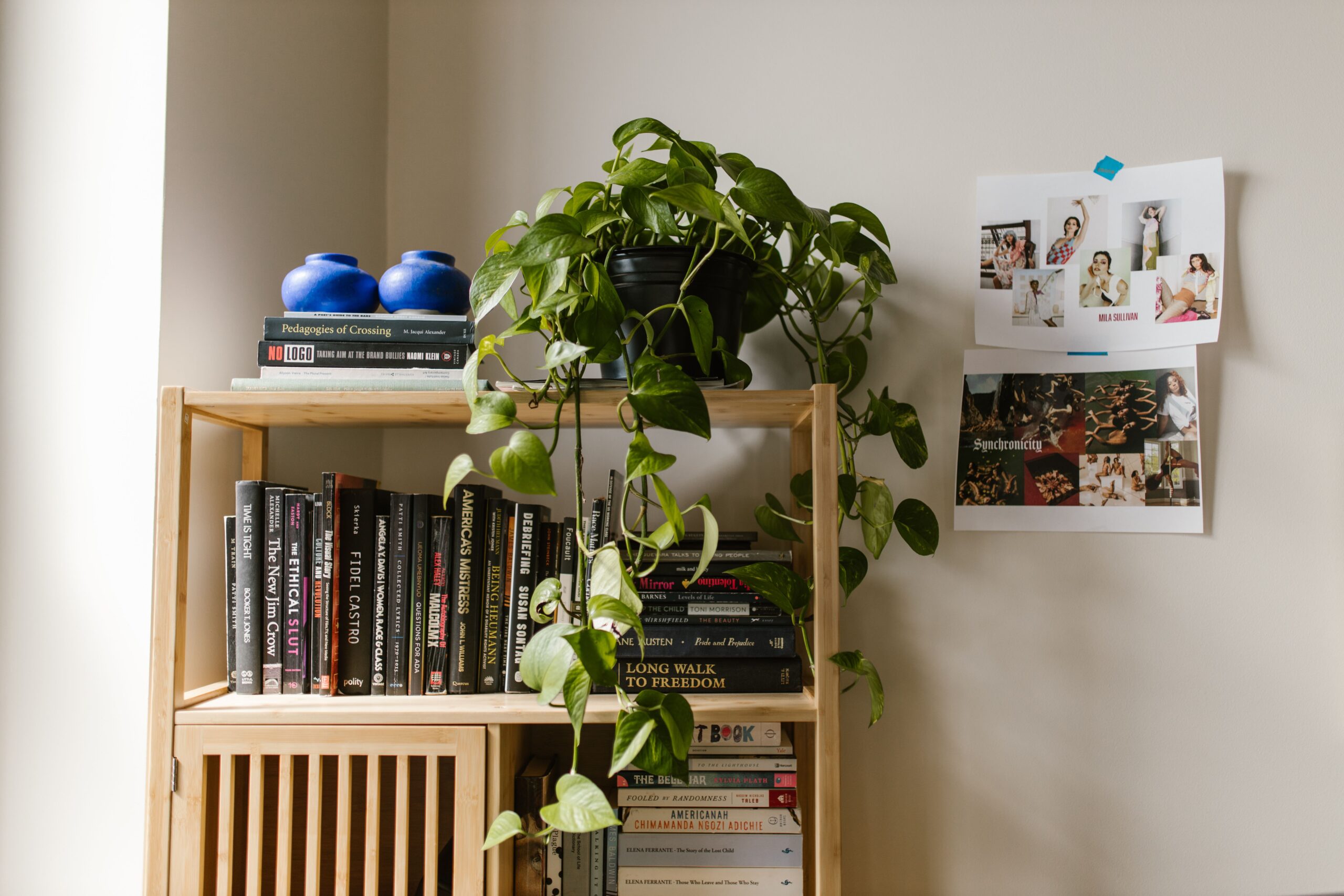 A neatly styled shelf with a few books and small objects, showing a cleared, uncluttered surface