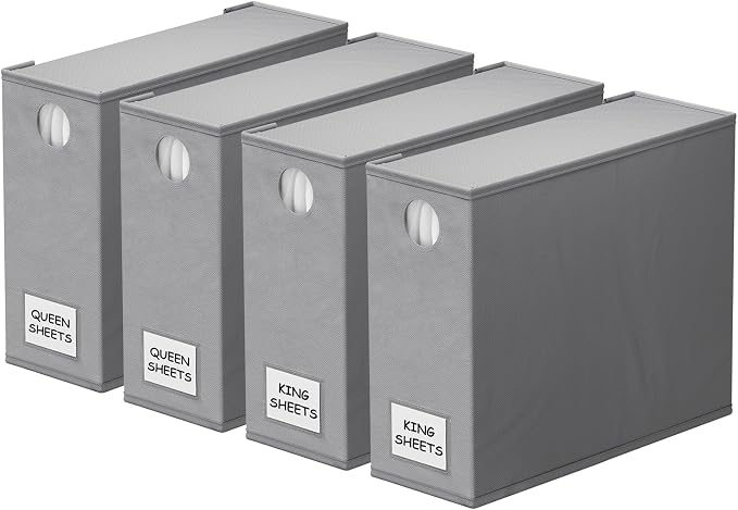 SpaceAid bed sheet organizers stacked on a shelf