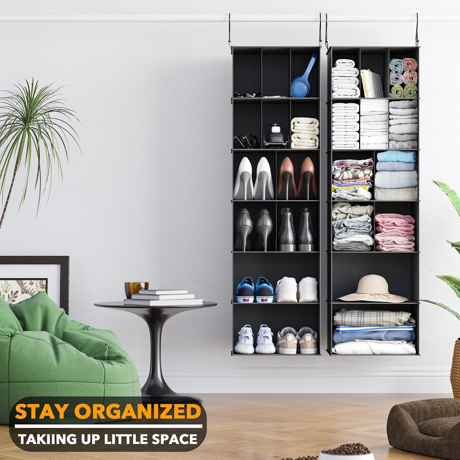 SpaceAid hanging closet organizer with folded towels in cubbies