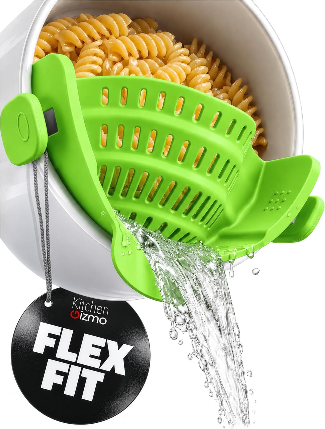 Green silicone Snap N’ Strain clip on strainer attached to a pot, draining water