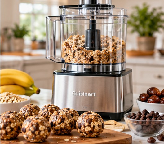 Cuisinart food processor with oats and no bake oat and date snack bites on a cutting board