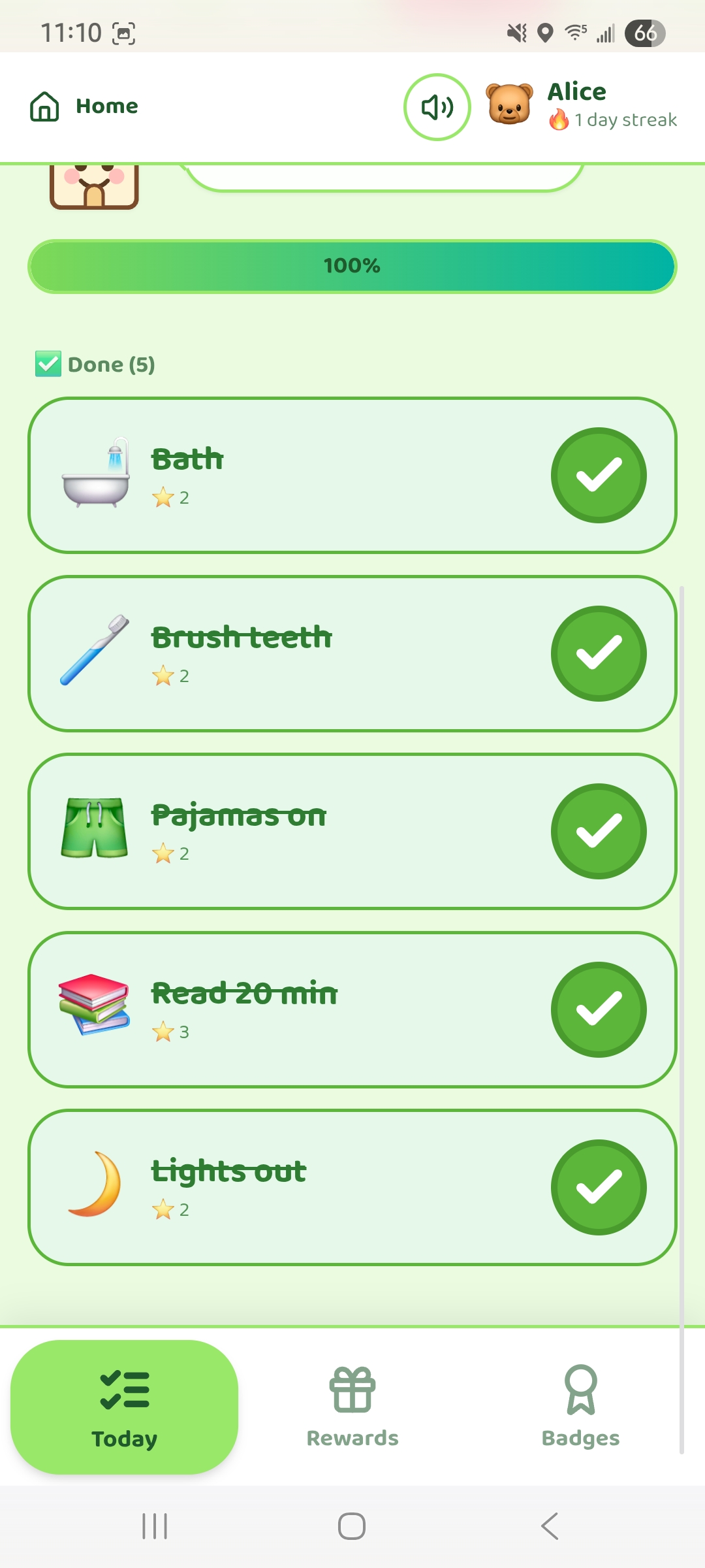 Alice's routine screen in Little Home Helpers showing finished tasks with green checkmarks