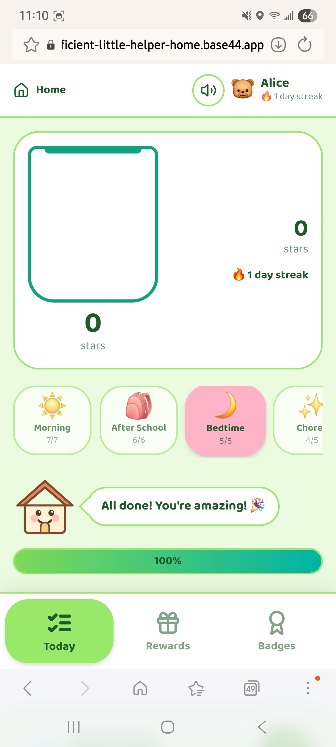 Little Home Helpers kids screen with the message All done, you are amazing and a full progress bar