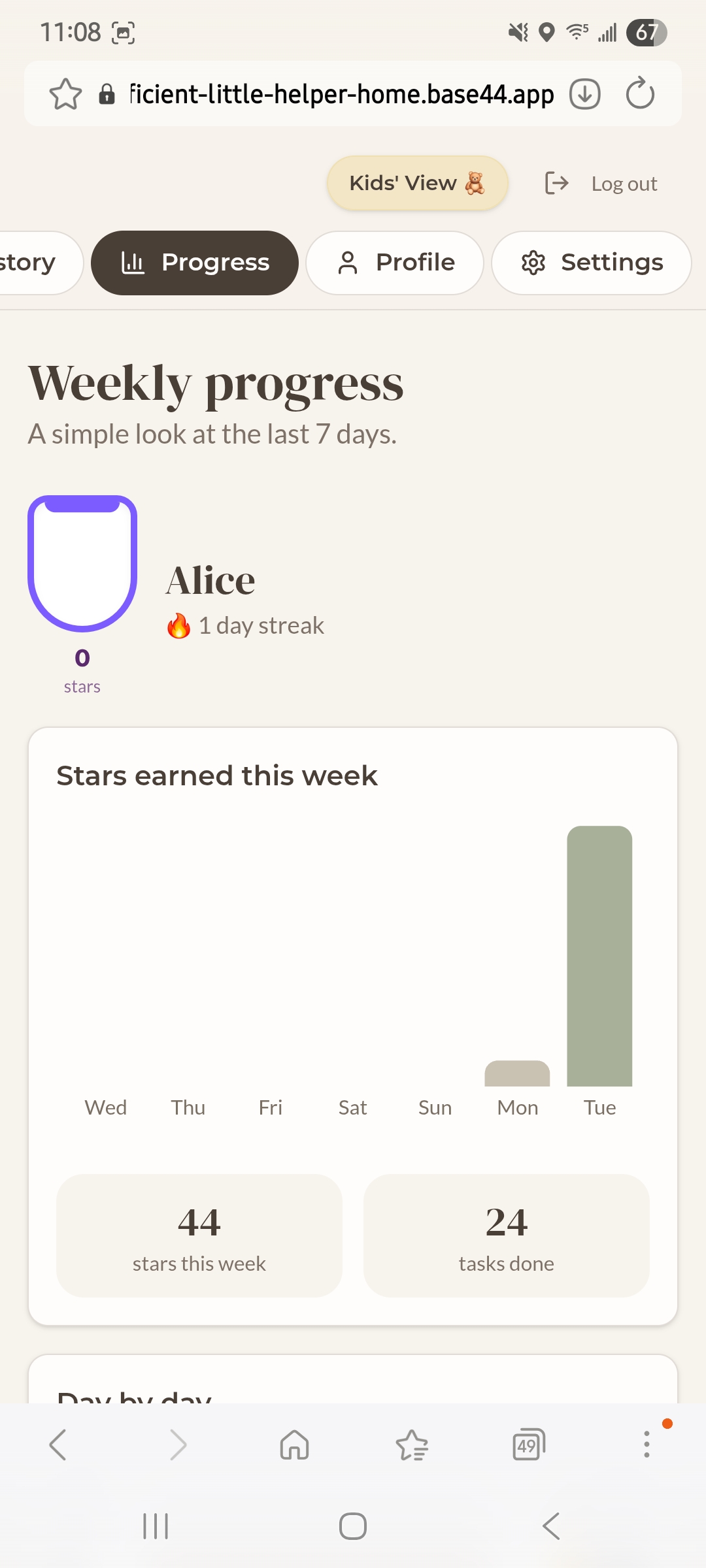 Weekly progress screen in the Little Home Helpers parent zone showing stars earned and tasks done