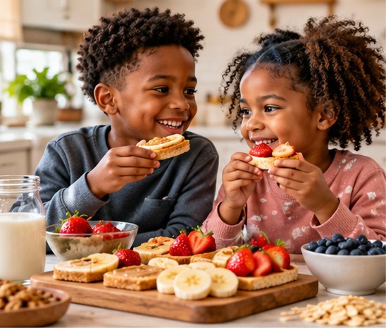 Two happy kids enjoying easy healthy snacks with fresh strawberries, banana and blueberries in a bright kitchen