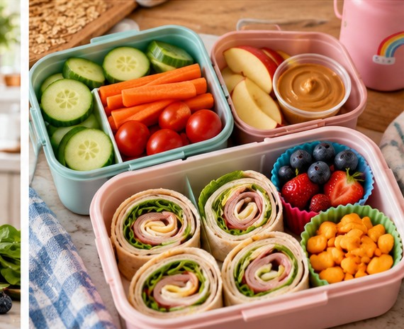 Kids lunchbox with cucumber, carrots, apple slices, turkey pinwheels and berries