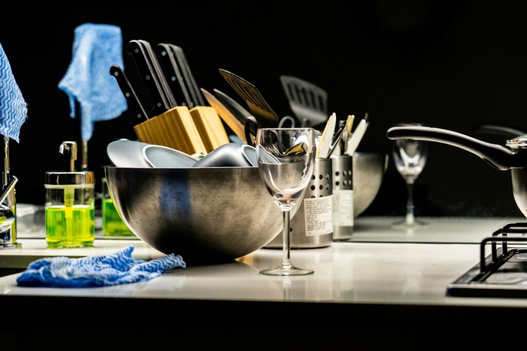 A kitchen sink with dishes