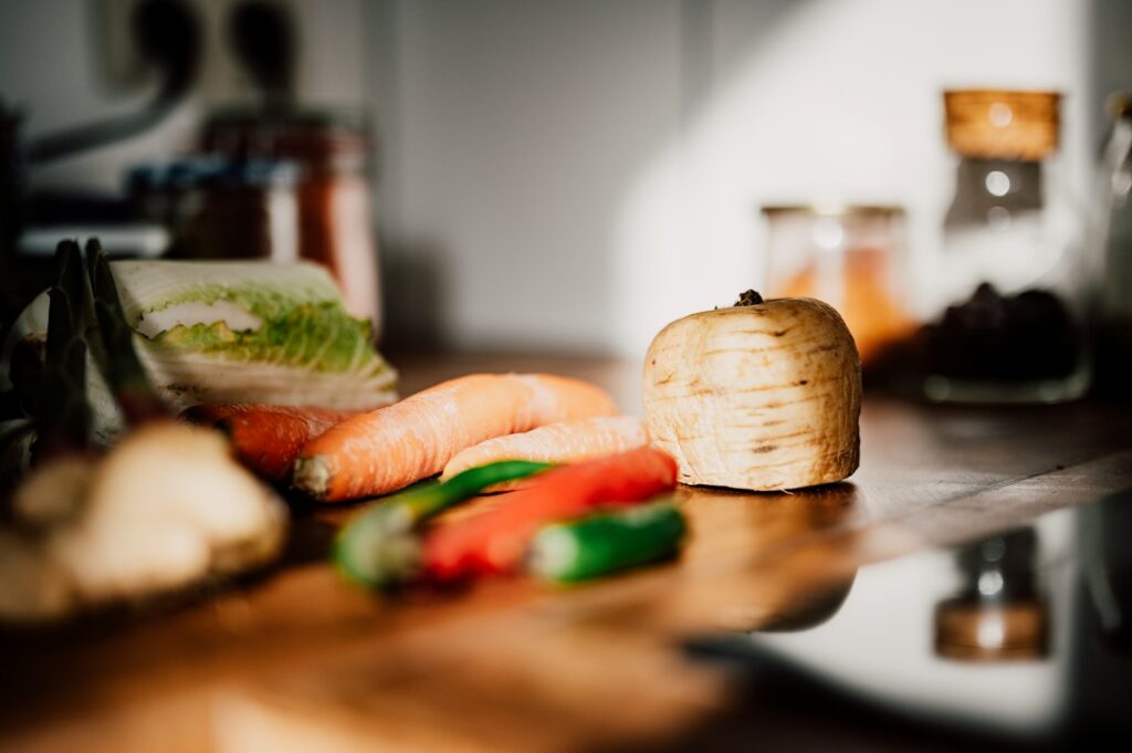 Sliced vegetables on a wooden board