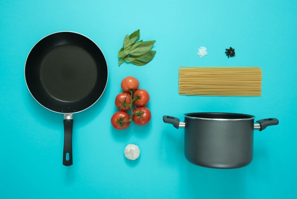 Cookware laid out on a table