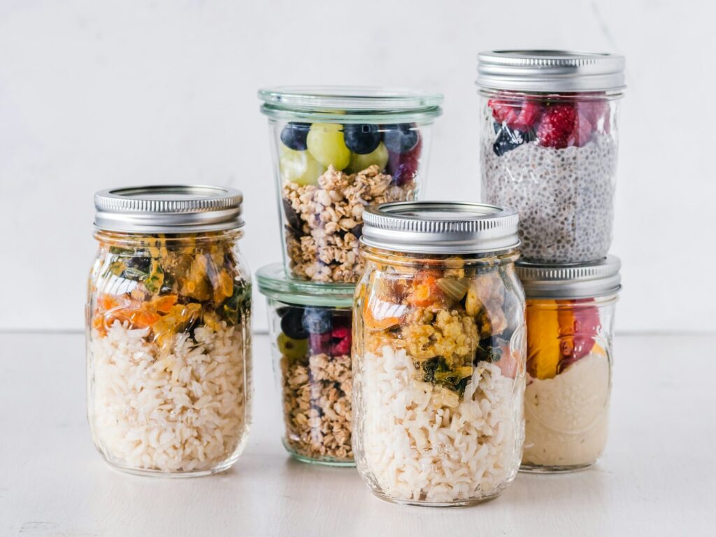 Glass jars filled with pantry foods