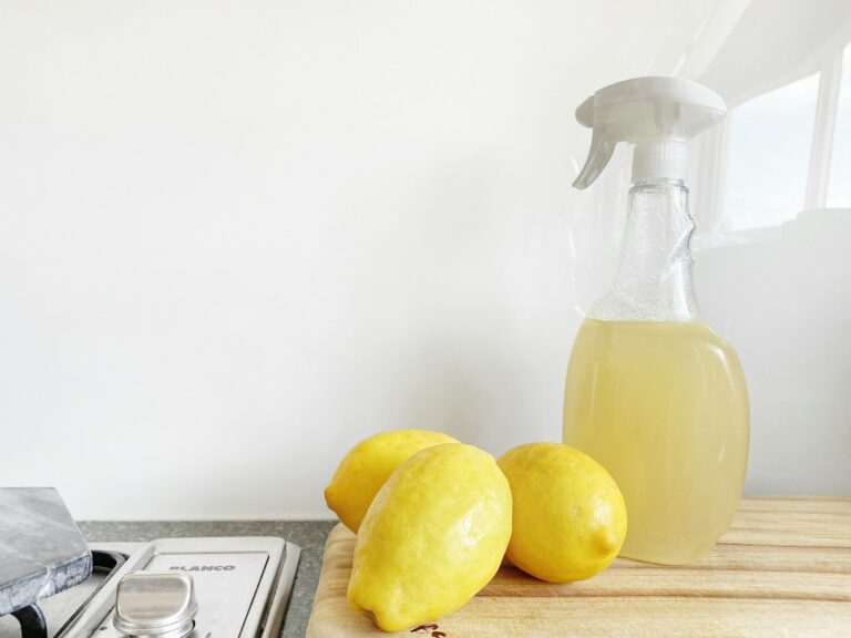 A lemon beside a clear glass bottle for natural home care