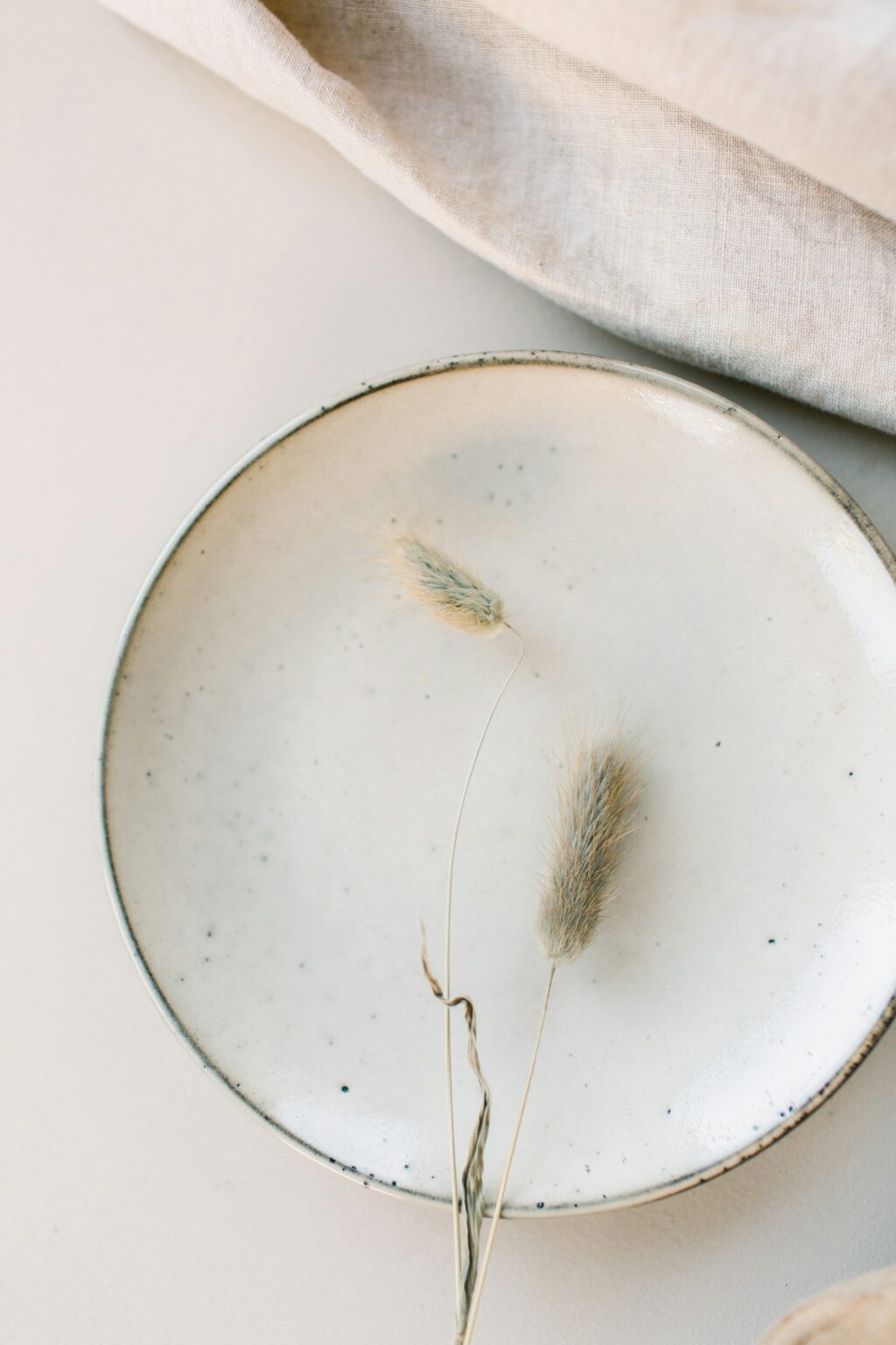 A white plate with a dried plant on a table