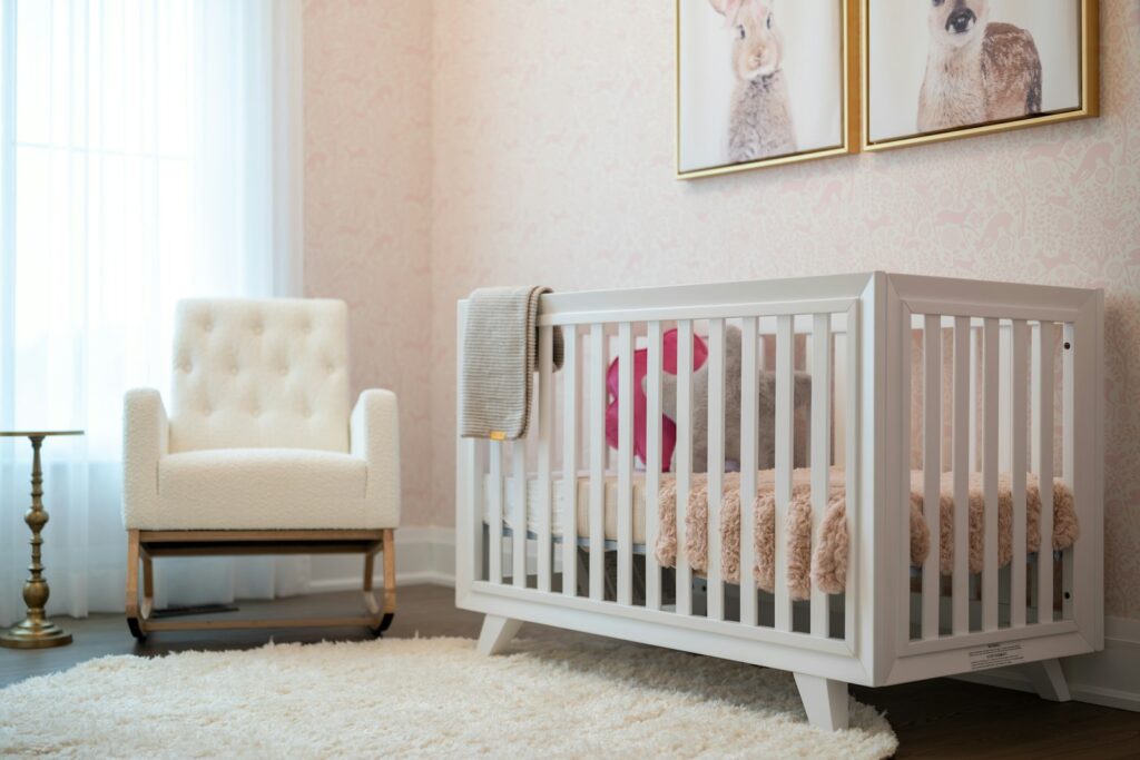A calm nursery with a white crib