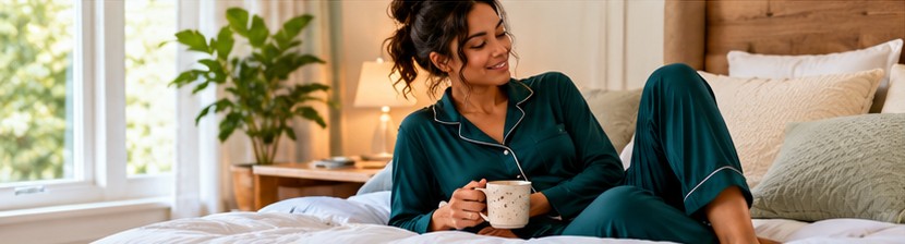 Mom relaxing in bed with a mug of tea wearing lightweight teal pajamas