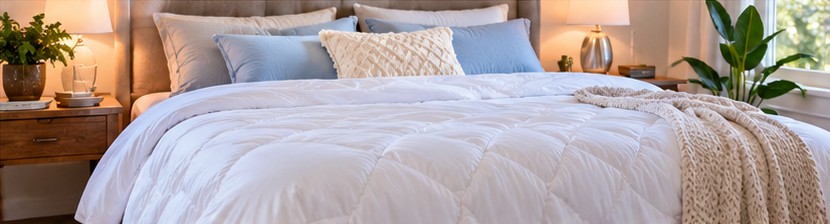 Neatly made bed with a lightweight white comforter and soft pillows