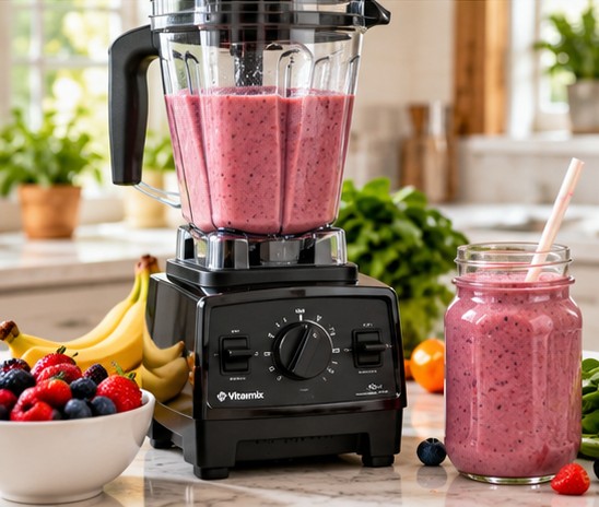 Vitamix blender with a strawberry banana smoothie and a jar of smoothie ready for kids